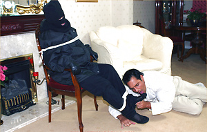 Masked fan can't wait to get tied up and take a load from Marcello's cock