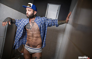 Hairy gay truckers Ryan Bones & Markus Kage suck & fuck in a public bathroom