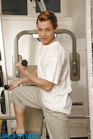 Feminine gay French boy Felix Lacroix strips at the gym & shows his ass & dick