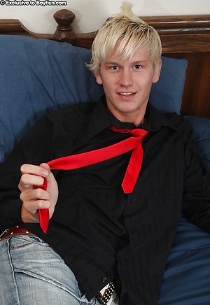 Cute blond boy Coby jerks off wearing only his red necktie!