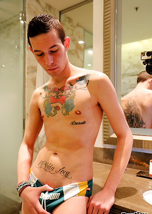Super hung mates - Spanish twink Sergio Duque let's his giant cock out in the bath